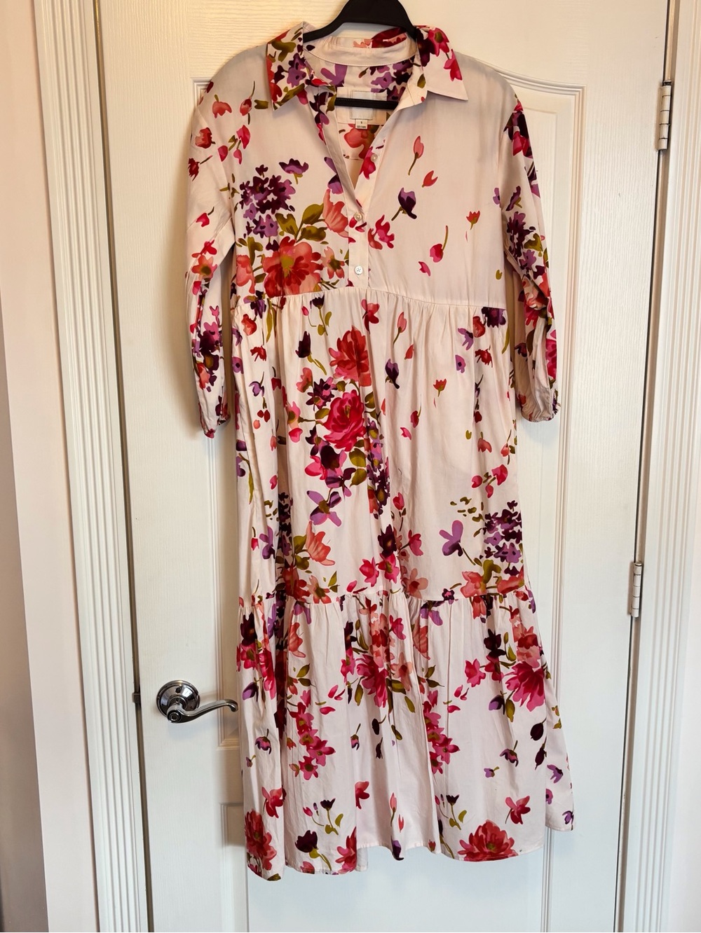 Bettina Tiered Floral Tiered Midi Dress in White with Pink & Purple Blooms